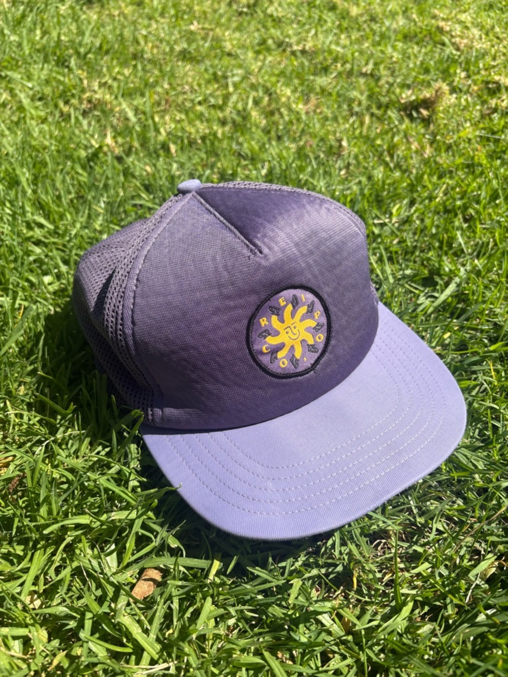 REI Purple Mesh Snapback Hat with Yellow Sun Logo